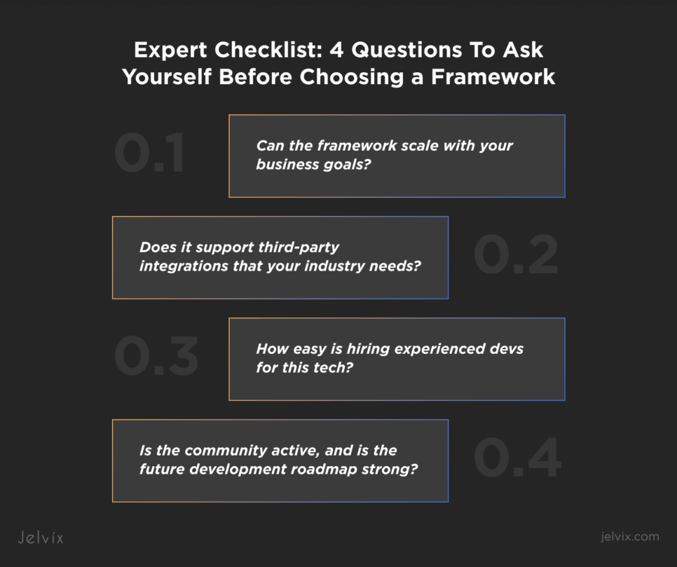 Expert checklist with 4 key questions to consider before choosing a mobile app framework.